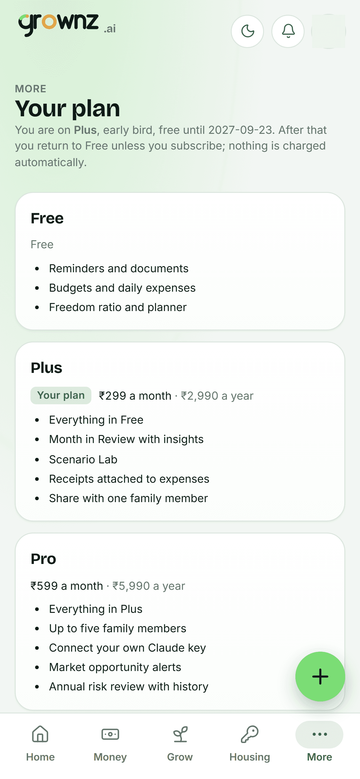 Your plan, with prices in rupees